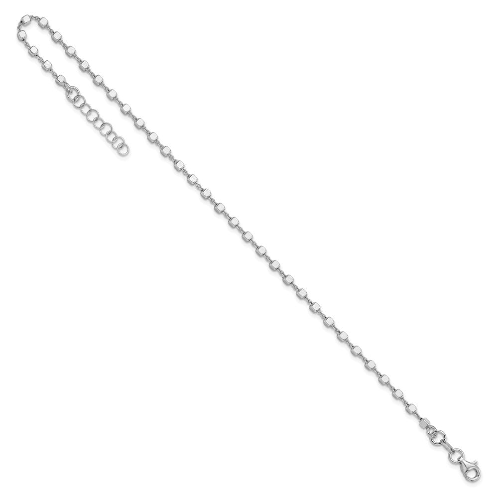 Sterling Silver Rhodium Plated Polished Cube Link with 1in. Ext. Anklet