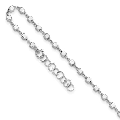 Sterling Silver Rhodium Plated Polished Cube Link with 1in. Ext. Anklet