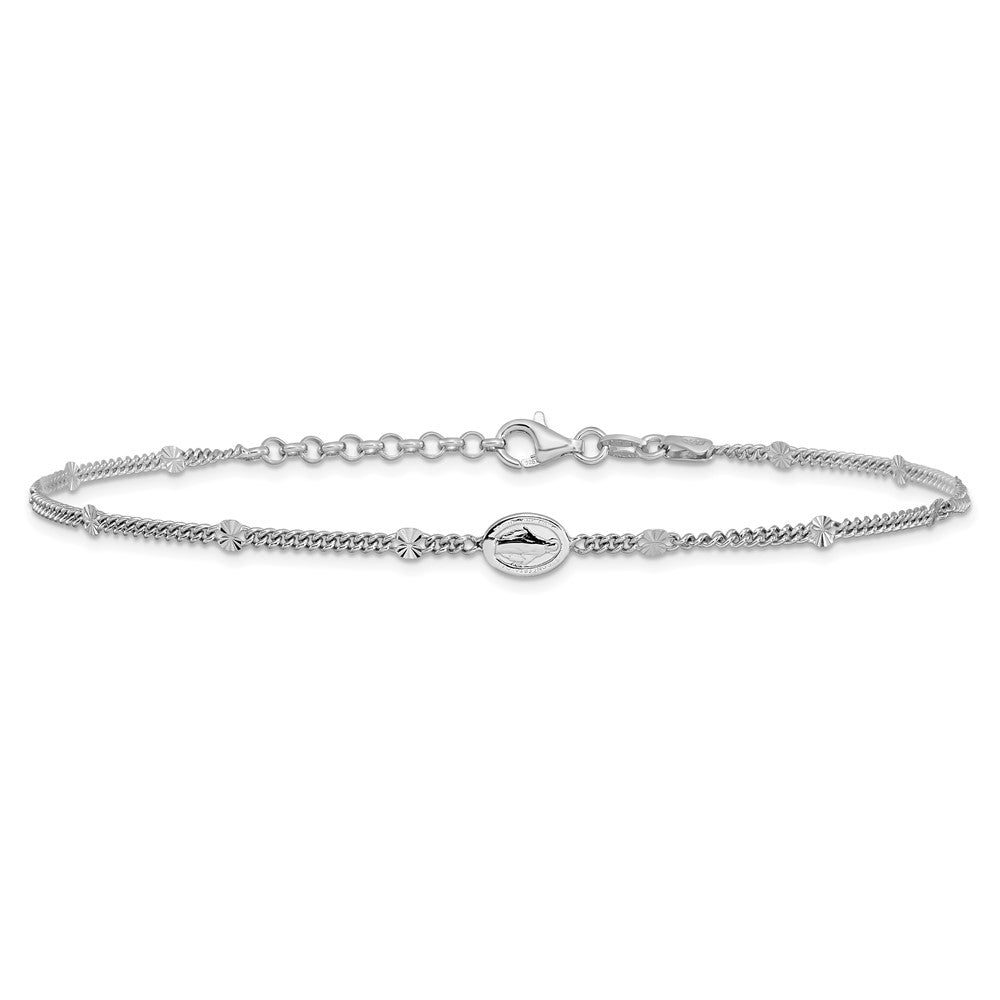 Sterling Silver Rh-Plt Miraculous Medal 9in Plus 1in Ext. Anklet