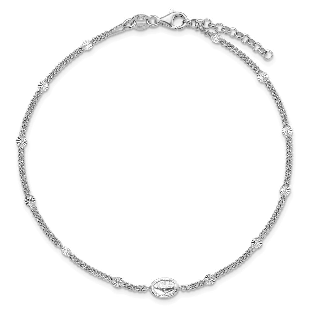 Sterling Silver Rh-Plt Miraculous Medal 9in Plus 1in Ext. Anklet