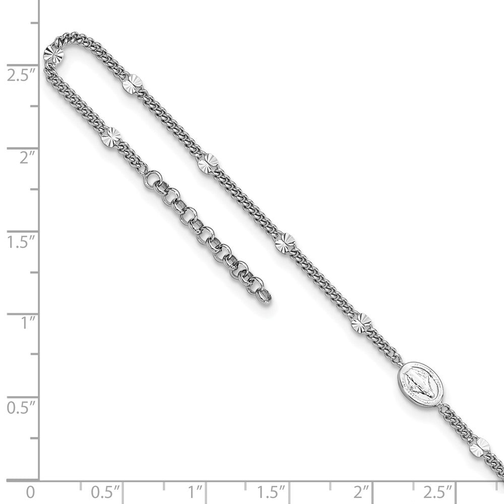 Sterling Silver Rh-Plt Miraculous Medal 9in Plus 1in Ext. Anklet