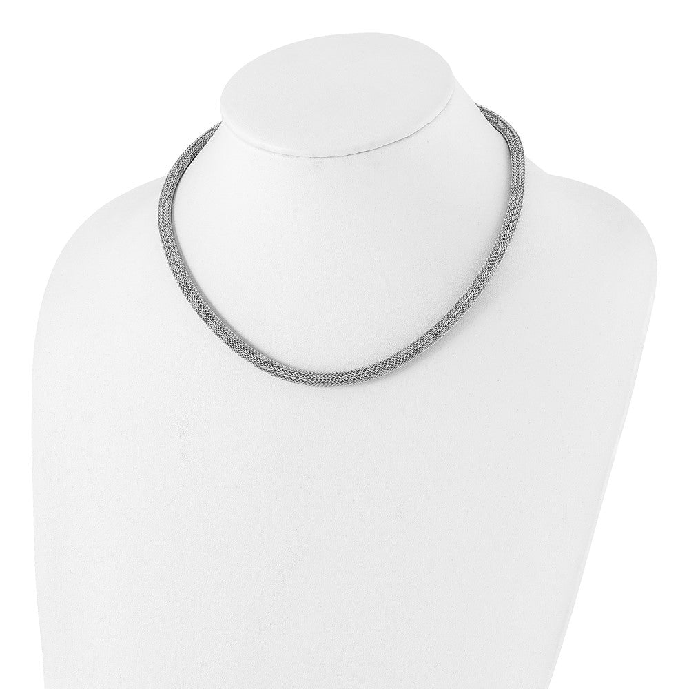 Sterling Silver Rhodium Plated Polished Mesh Woven Chain Necklace