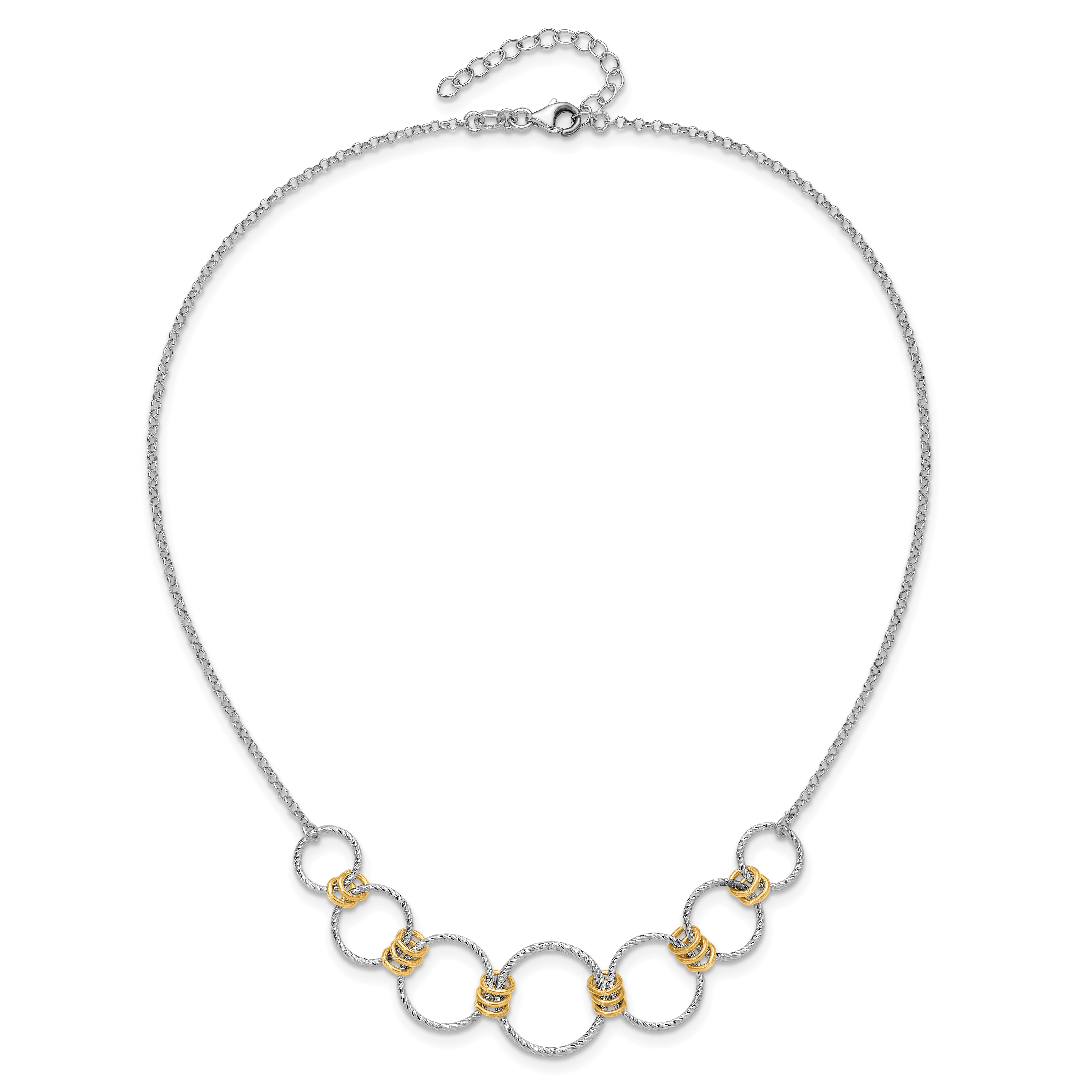 Sterling Silver Rh/Gold Plt Dia. Cut Circles With 2In Ext Necklace