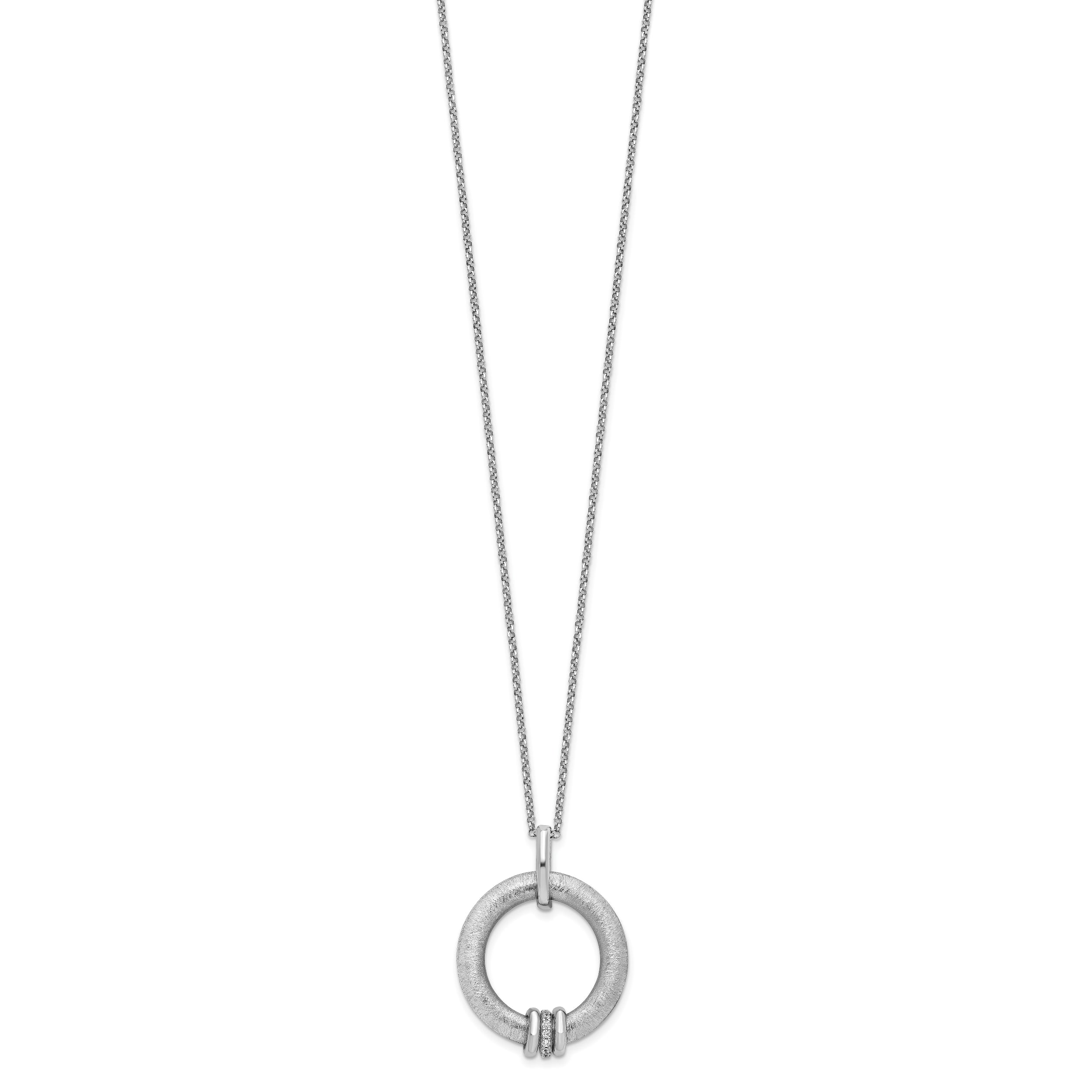 Sterling Silver Rh Plt Polished And Brushed Cz 2In. Ext Necklace
