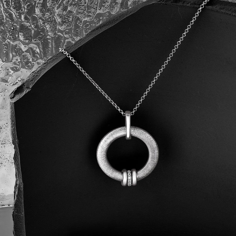 Sterling Silver Rh Plt Polished And Brushed Cz 2In. Ext Necklace