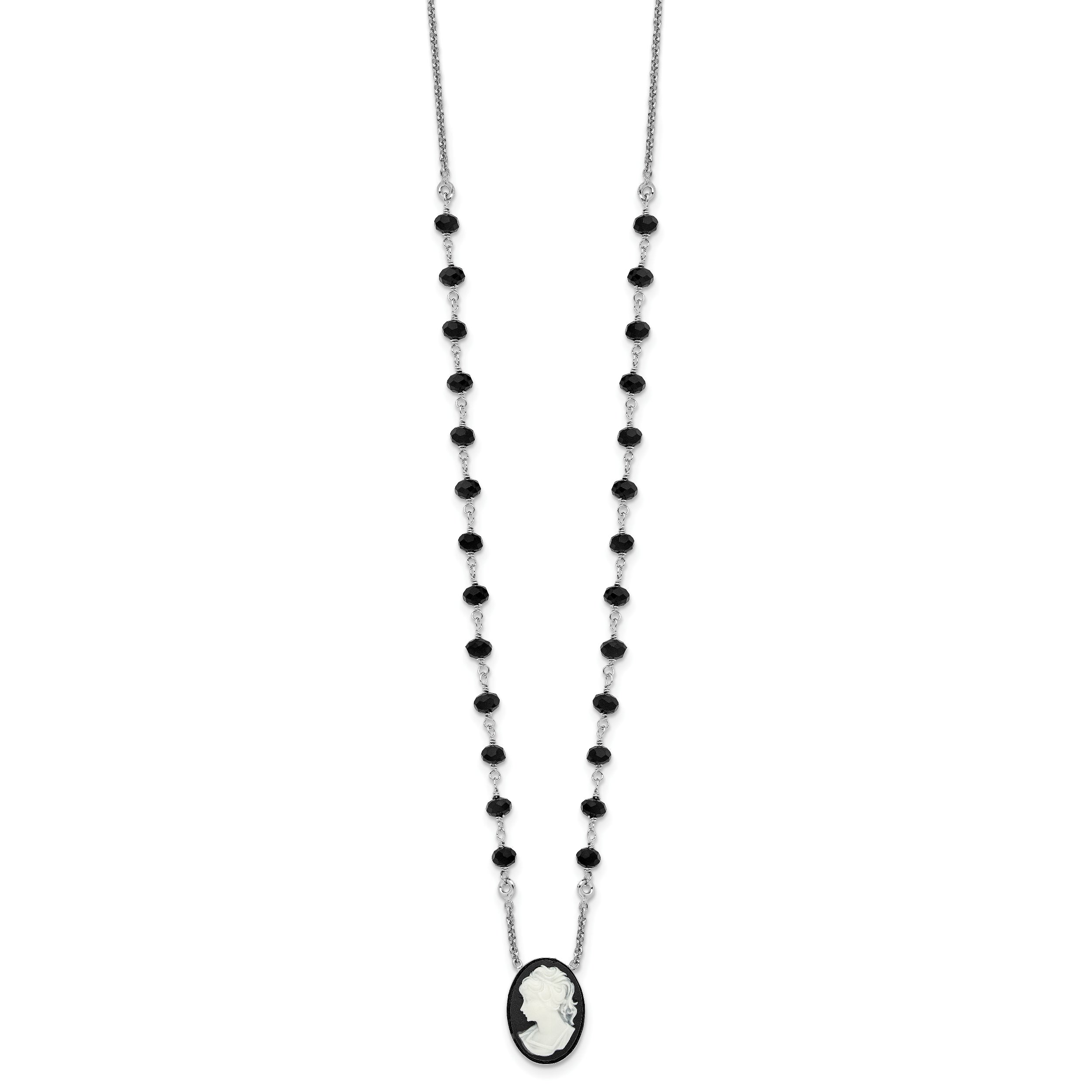 Sterling Silver Rh Plated Black Glass Beads Resin Cameo 1.5In Ext.