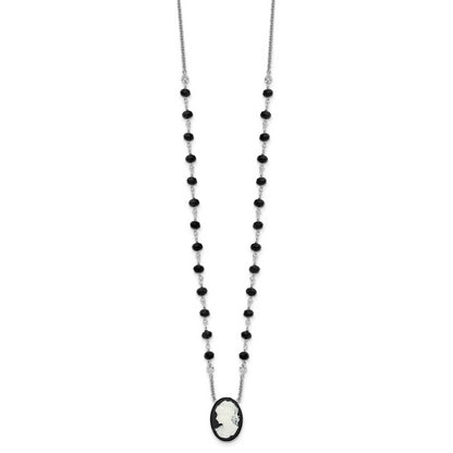 Sterling Silver Rh Plated Black Glass Beads Resin Cameo 1.5In Ext.