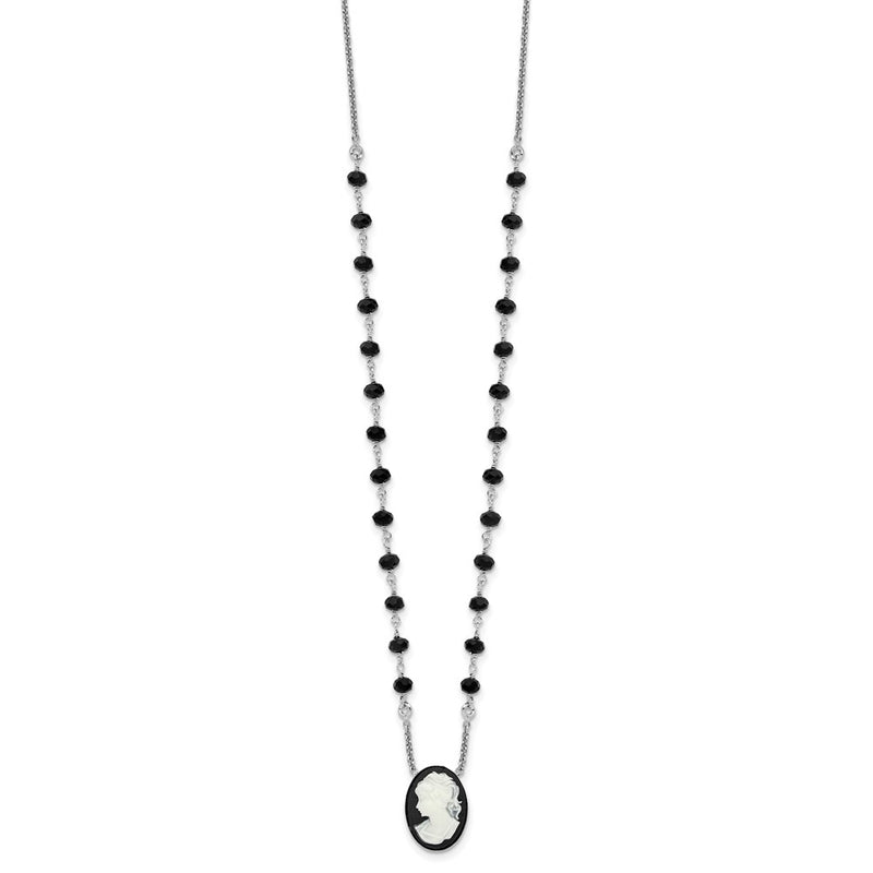 Sterling Silver Rh Plated Black Glass Beads Resin Cameo 1.5In Ext.