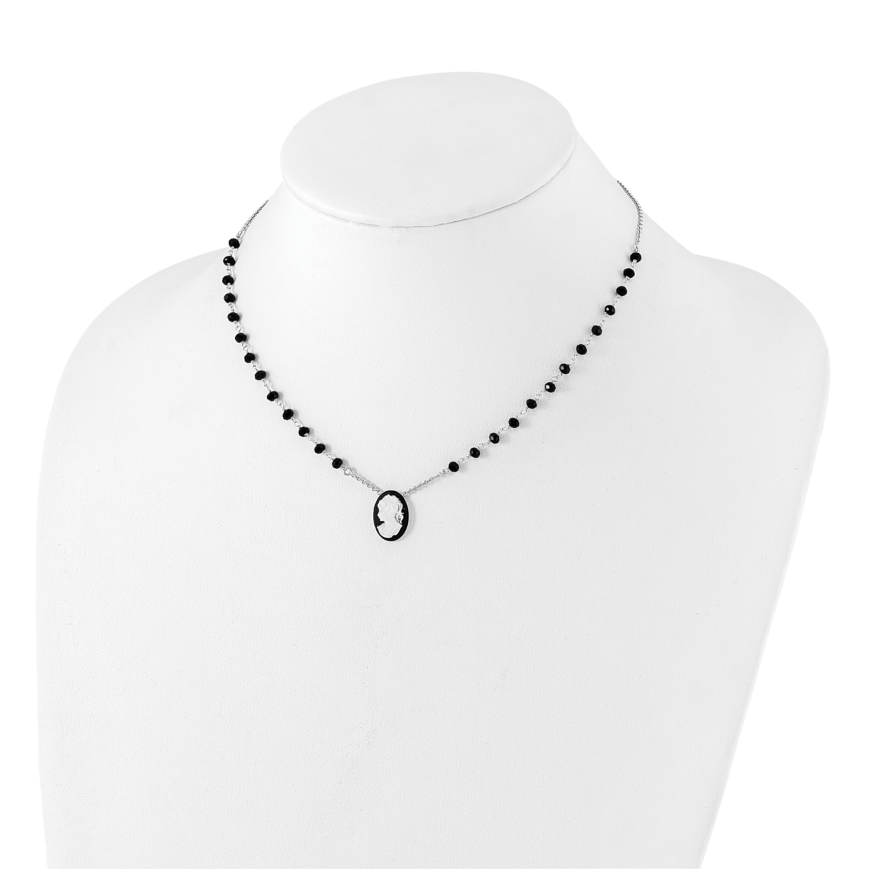Sterling Silver Rh Plated Black Glass Beads Resin Cameo 1.5In Ext.