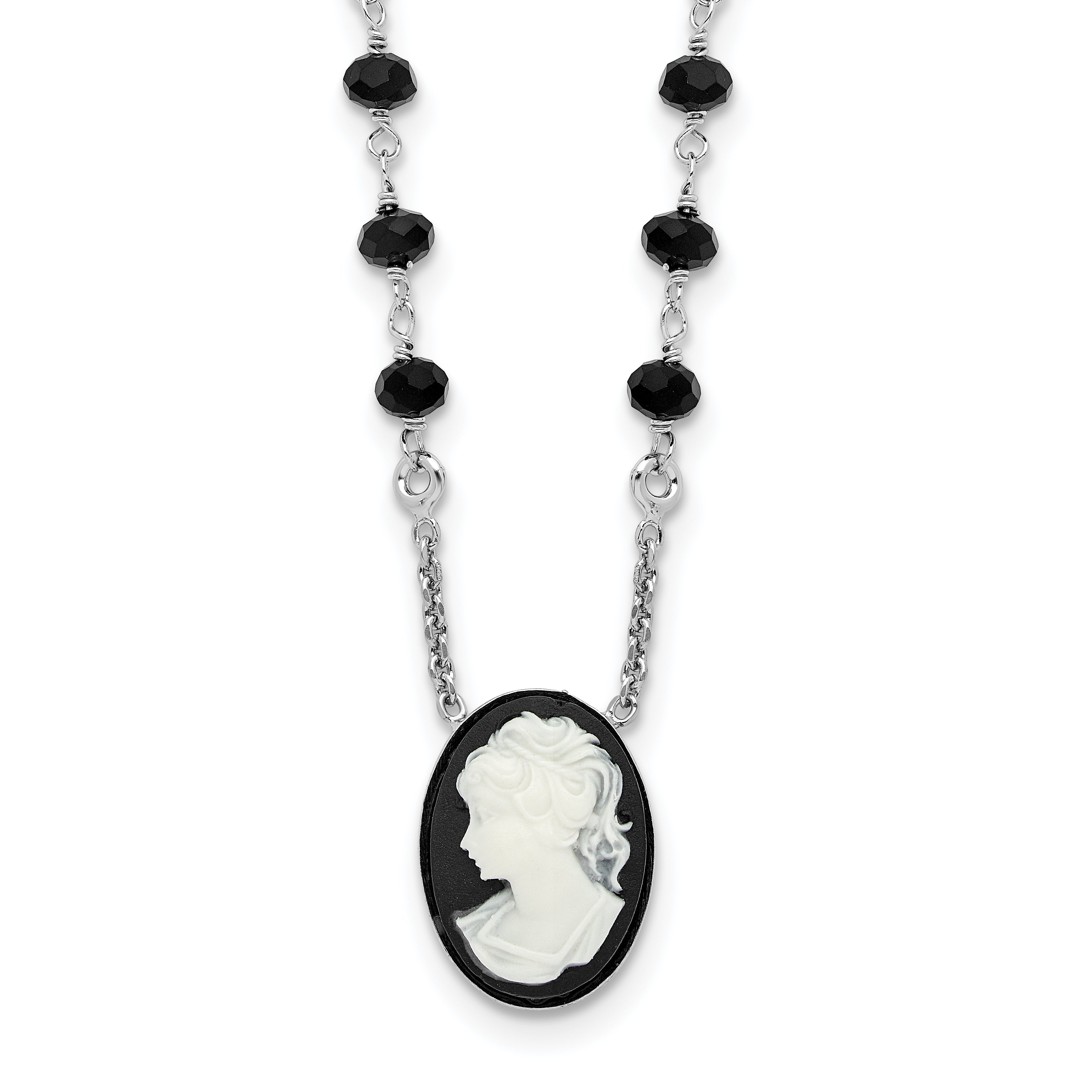 Sterling Silver Rh Plated Black Glass Beads Resin Cameo 1.5In Ext.