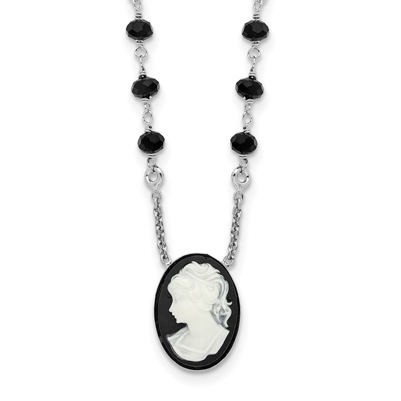 Sterling Silver Rh Plated Black Glass Beads Resin Cameo 1.5In Ext.