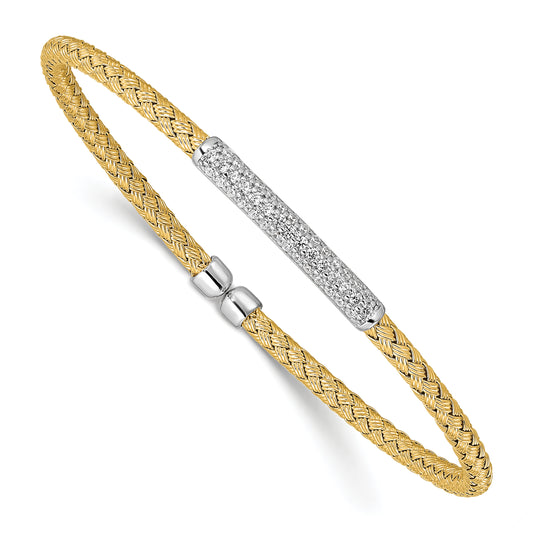 Sterling Silver Rh Plated/Gold Plated Cz Flexible Cuff Bangle