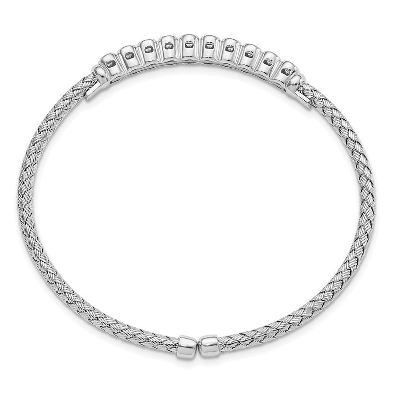 Sterling Silver Rhodium Plated Cz Woven Flexible Cuff