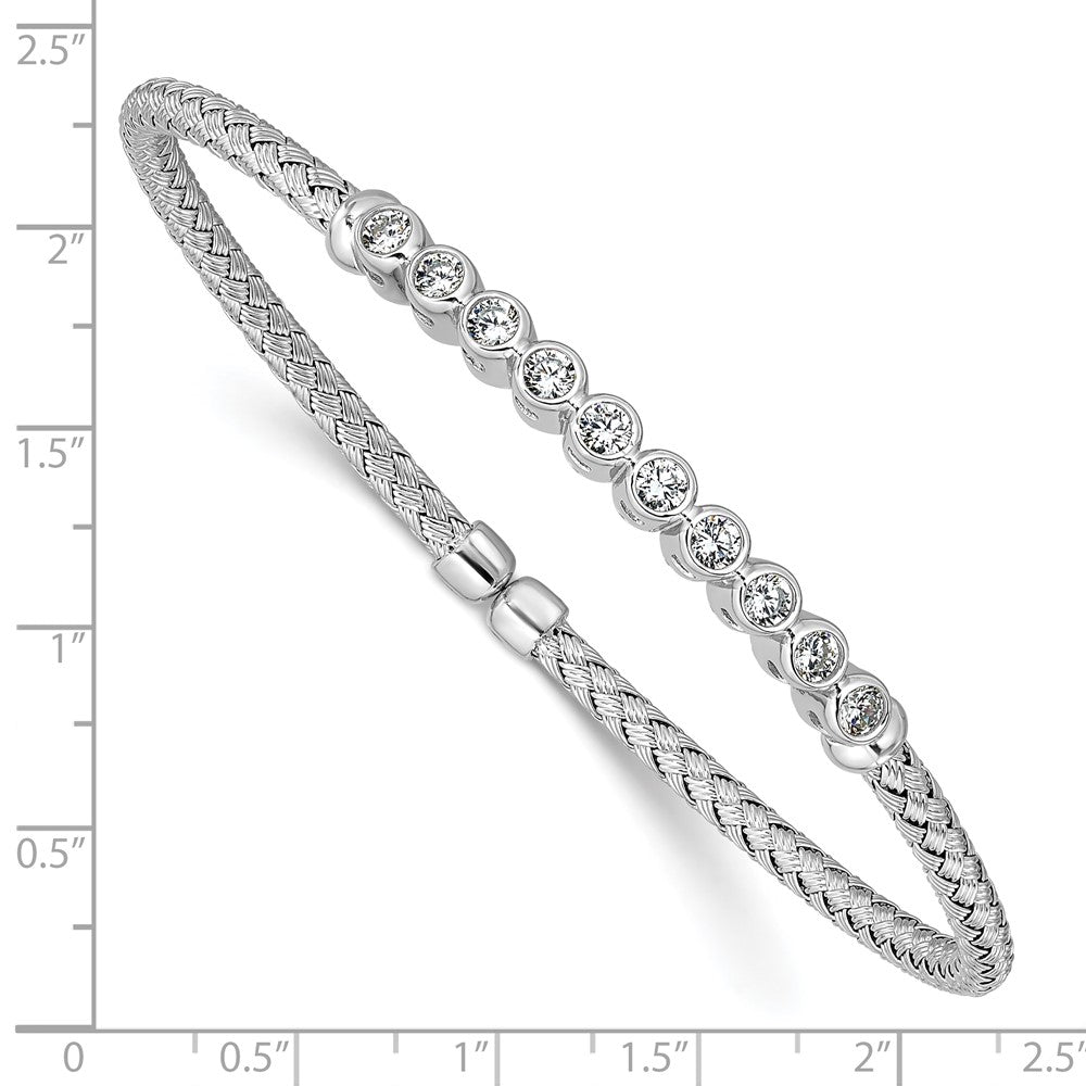 Sterling Silver Rhodium Plated Cz Woven Flexible Cuff