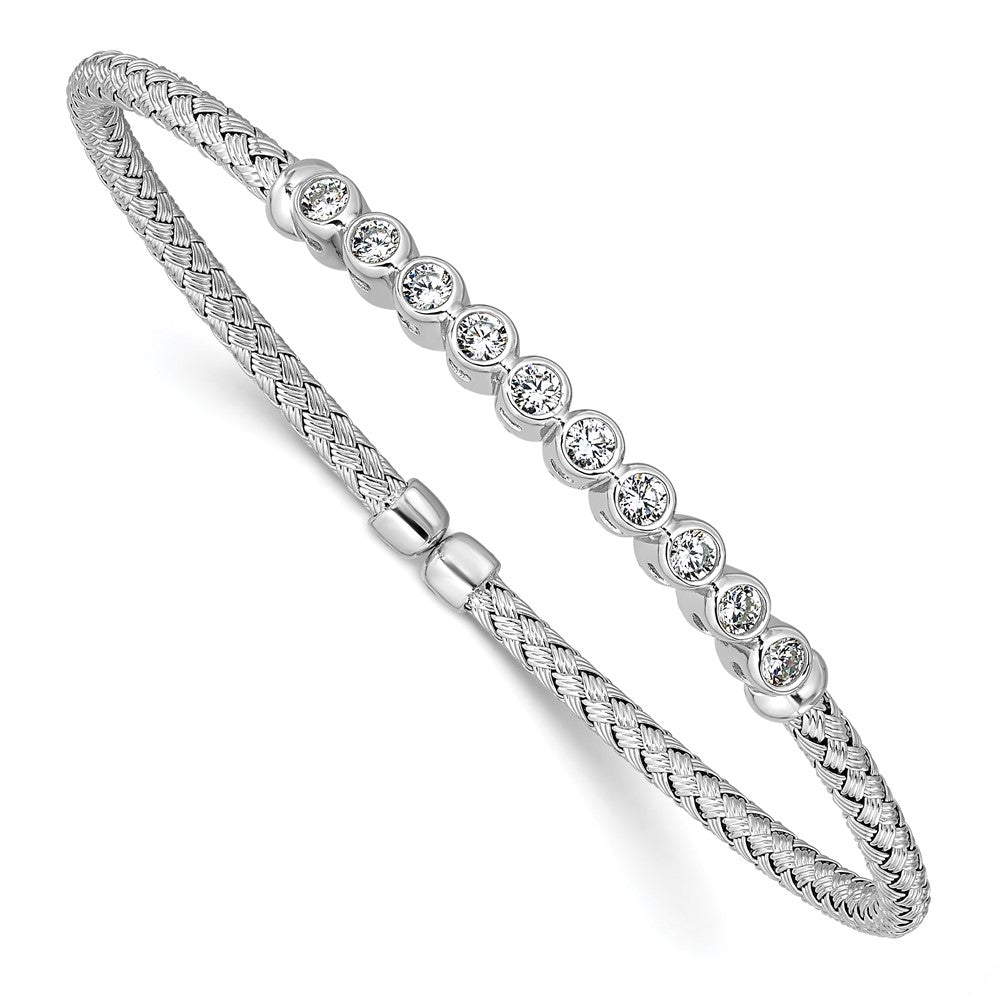 Sterling Silver Rhodium Plated Cz Woven Flexible Cuff