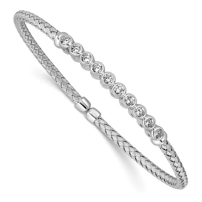 Sterling Silver Rhodium Plated Cz Woven Flexible Cuff