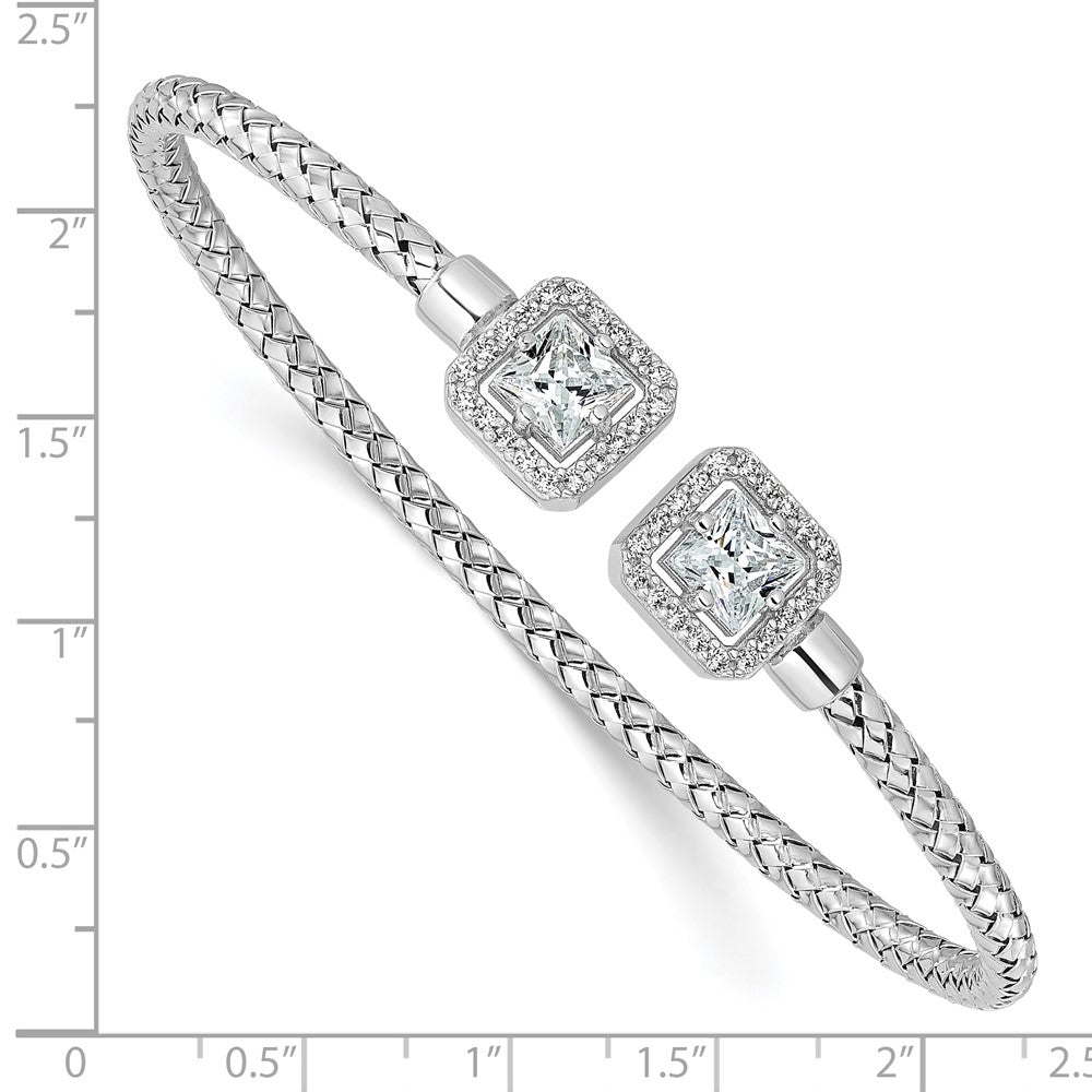 Sterling Silver Rh Plated Cz Polished Square Halo Cuff Bangle