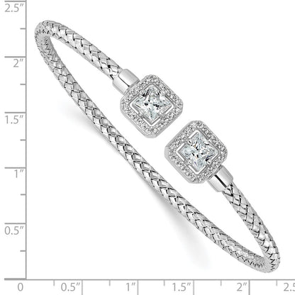 Sterling Silver Rh Plated Cz Polished Square Halo Cuff Bangle