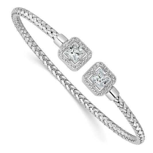 Sterling Silver Rh Plated Cz Polished Square Halo Cuff Bangle