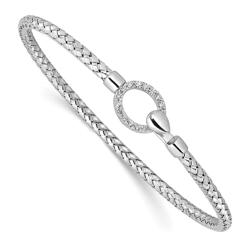 Sterling Silver Rh Plated Cz Polished Braided Hook Bangle