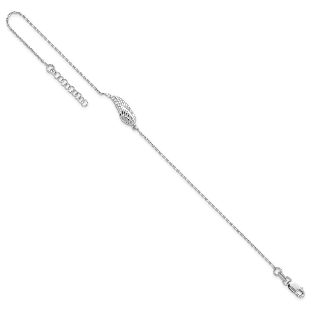 Sterling Silver Rhodium Plated CZ Angel Wing 9in. Plus 1in. Ext. Anklet