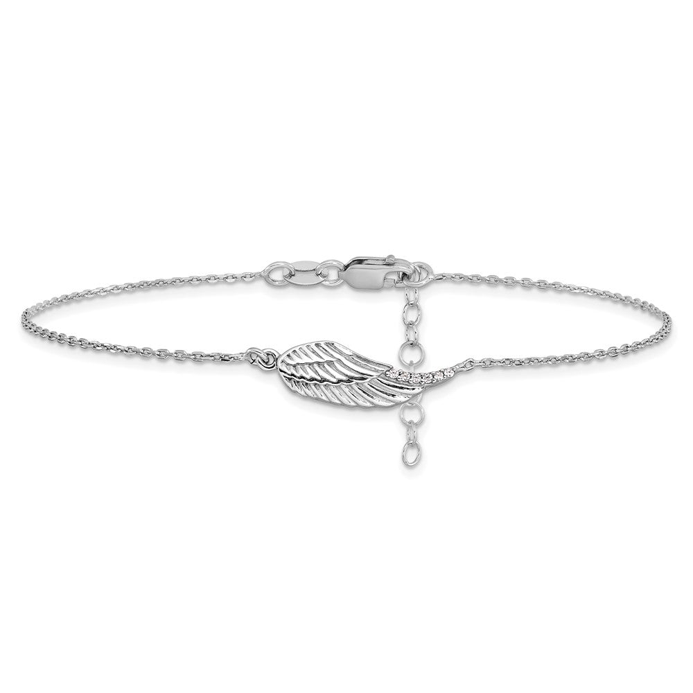 Sterling Silver Rhodium Plated CZ Angel Wing 9in. Plus 1in. Ext. Anklet