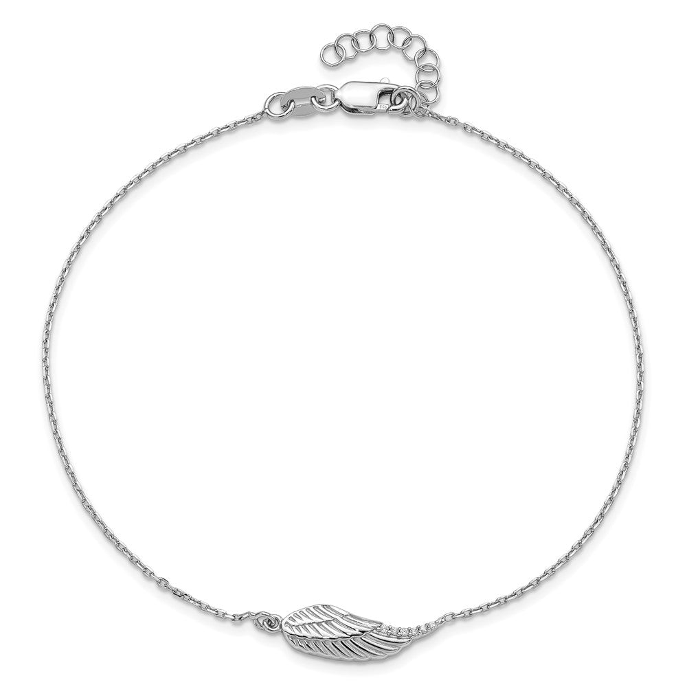 Sterling Silver Rhodium Plated CZ Angel Wing 9in. Plus 1in. Ext. Anklet