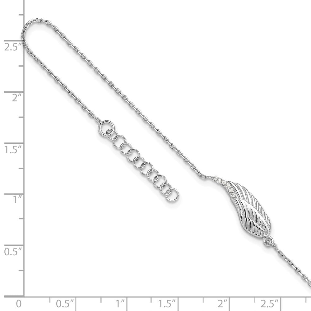 Sterling Silver Rhodium Plated CZ Angel Wing 9in. Plus 1in. Ext. Anklet