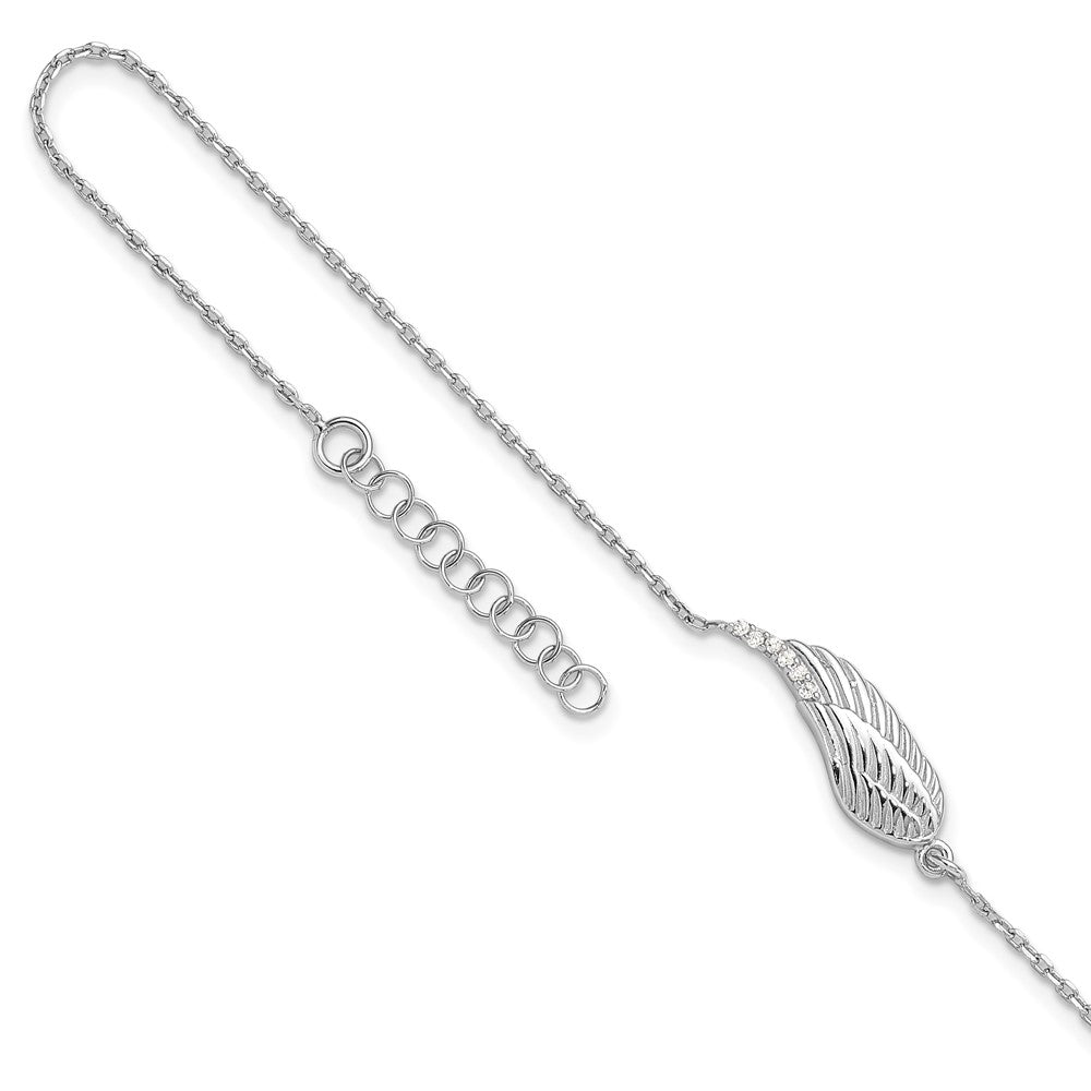 Sterling Silver Rhodium Plated CZ Angel Wing 9in. Plus 1in. Ext. Anklet