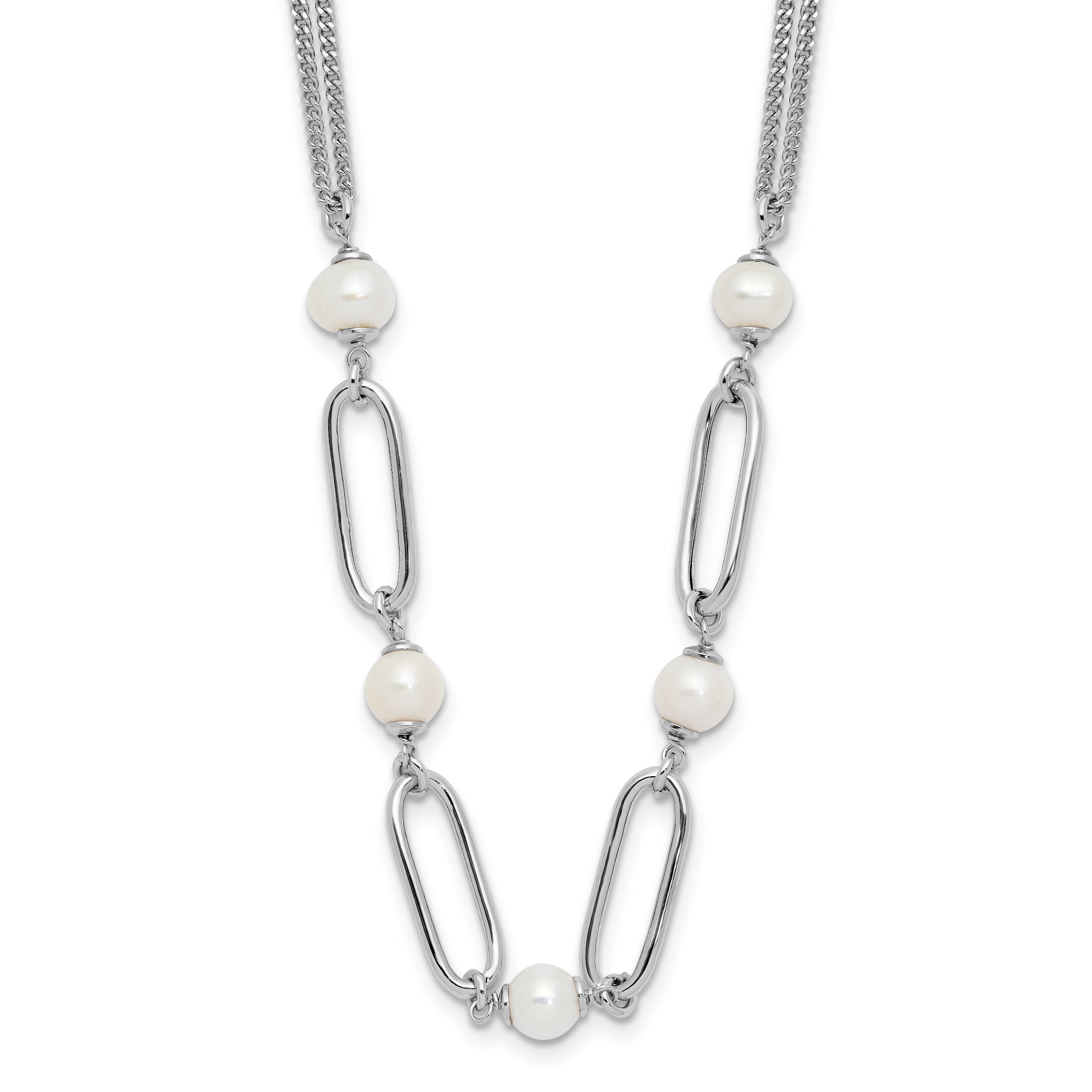 Sterling Silver Rh Plated Polished Fwc Pearls 2In Ext. Necklace
