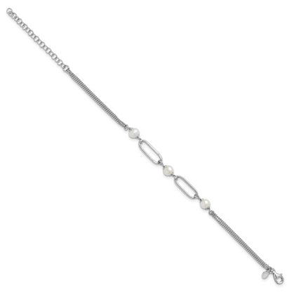Sterling Silver Rh Plated Polished Fwc Pearls 2In Ext. Bracelet