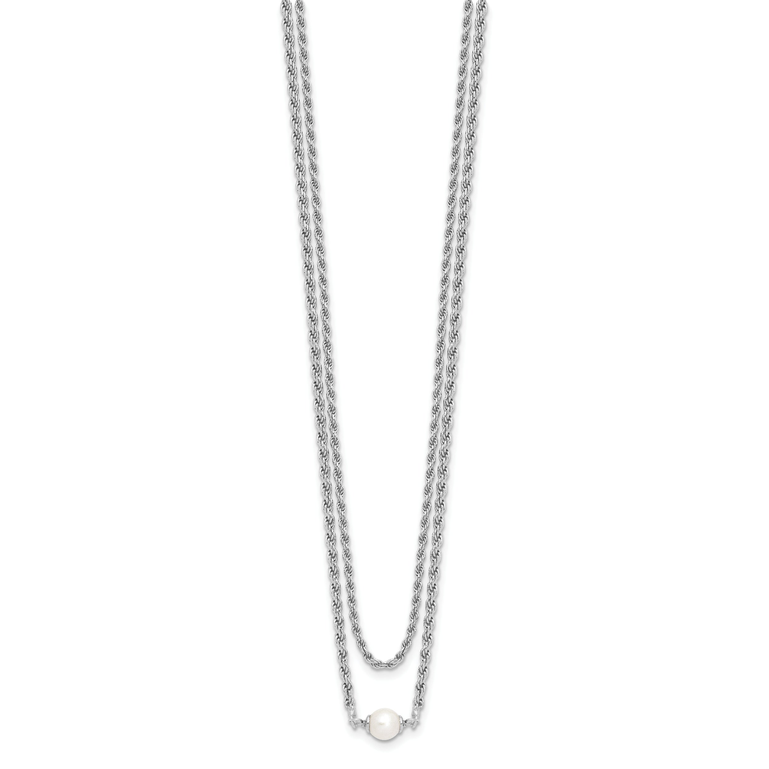 Sterling Silver Rh Plt Polish 2 Strand Fwc Pearl 2In Ext Necklac