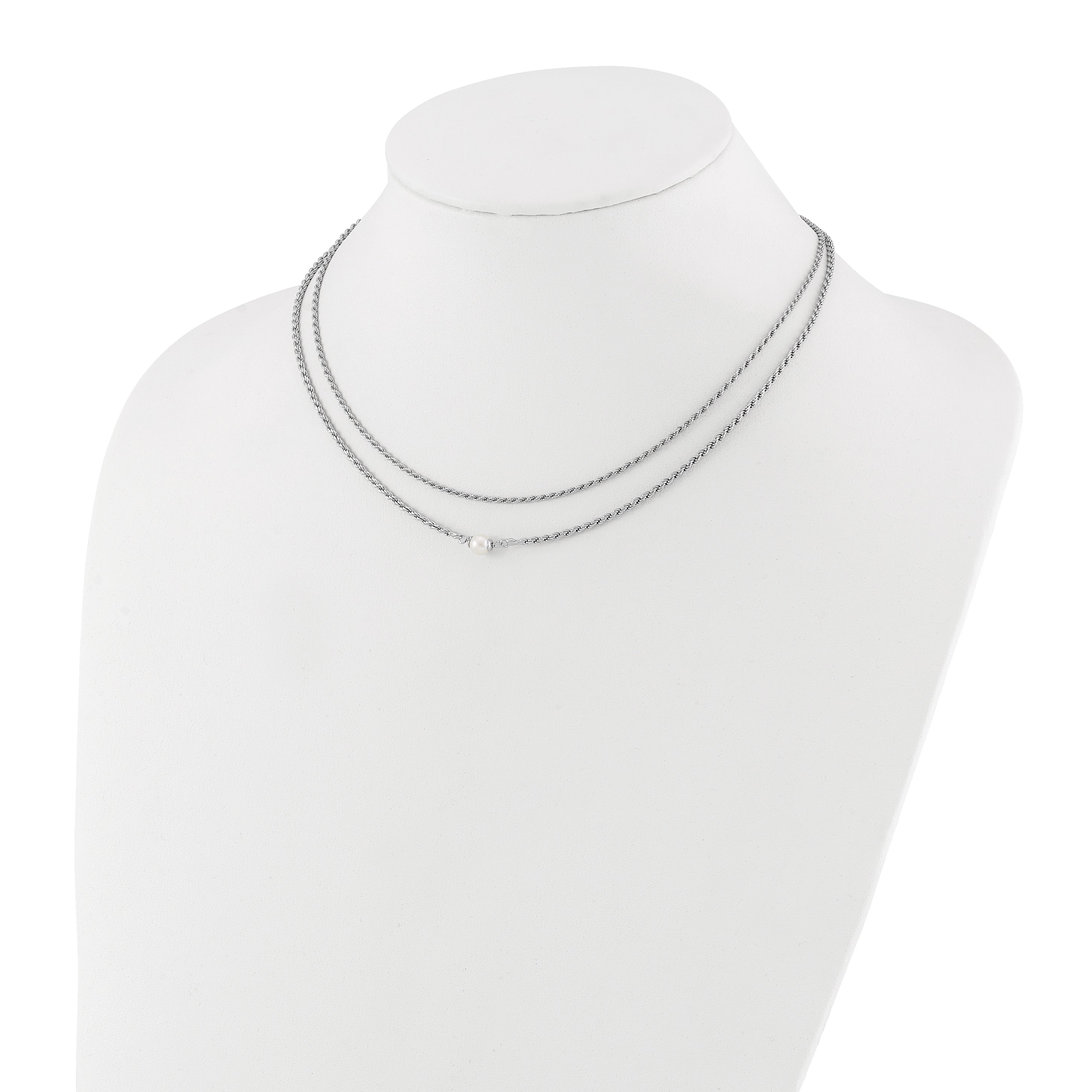 Sterling Silver Rh Plt Polish 2 Strand Fwc Pearl 2In Ext Necklac