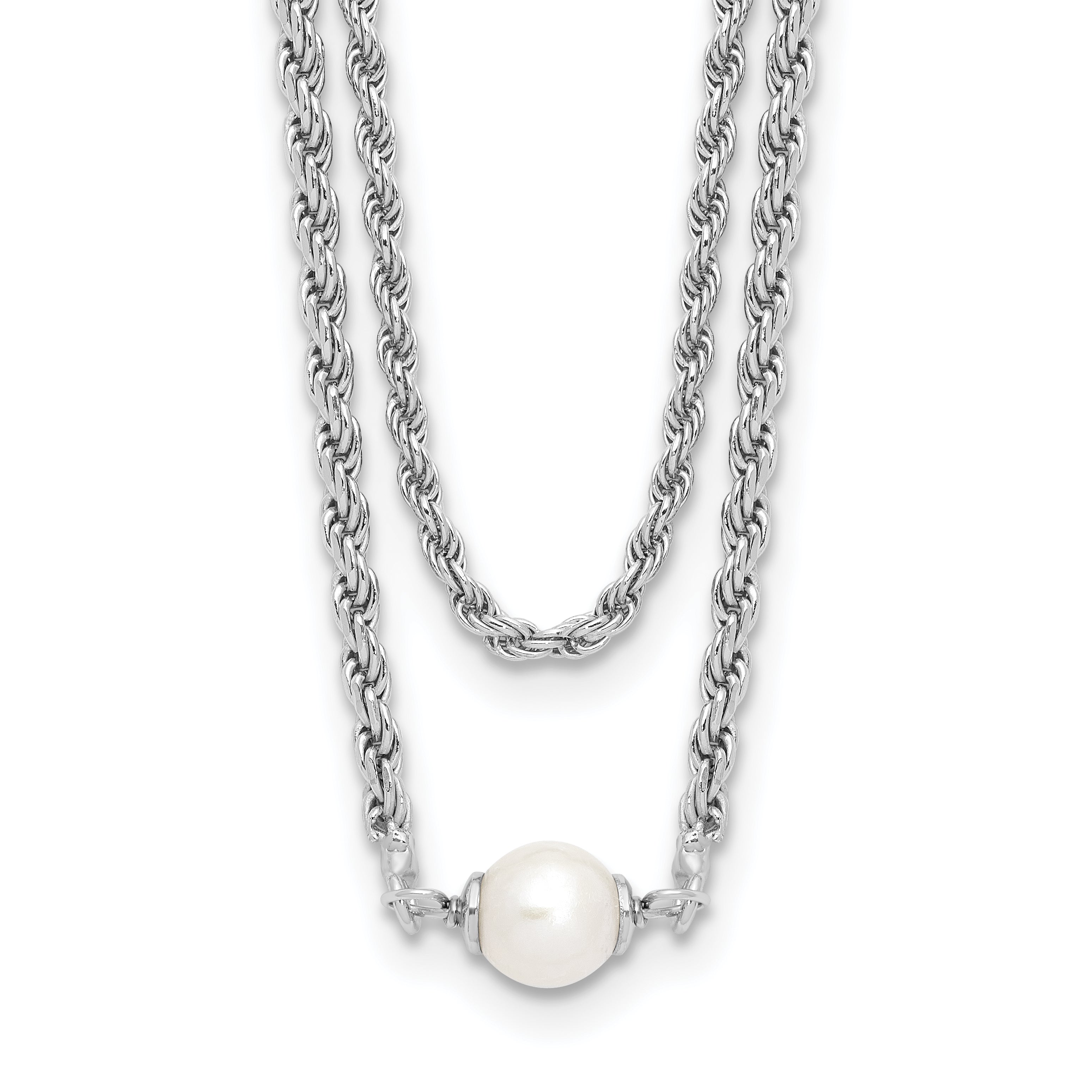 Sterling Silver Rh Plt Polish 2 Strand Fwc Pearl 2In Ext Necklac
