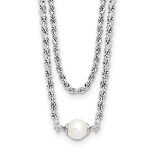 Sterling Silver Rh Plt Polish 2 Strand Fwc Pearl 2In Ext Necklac