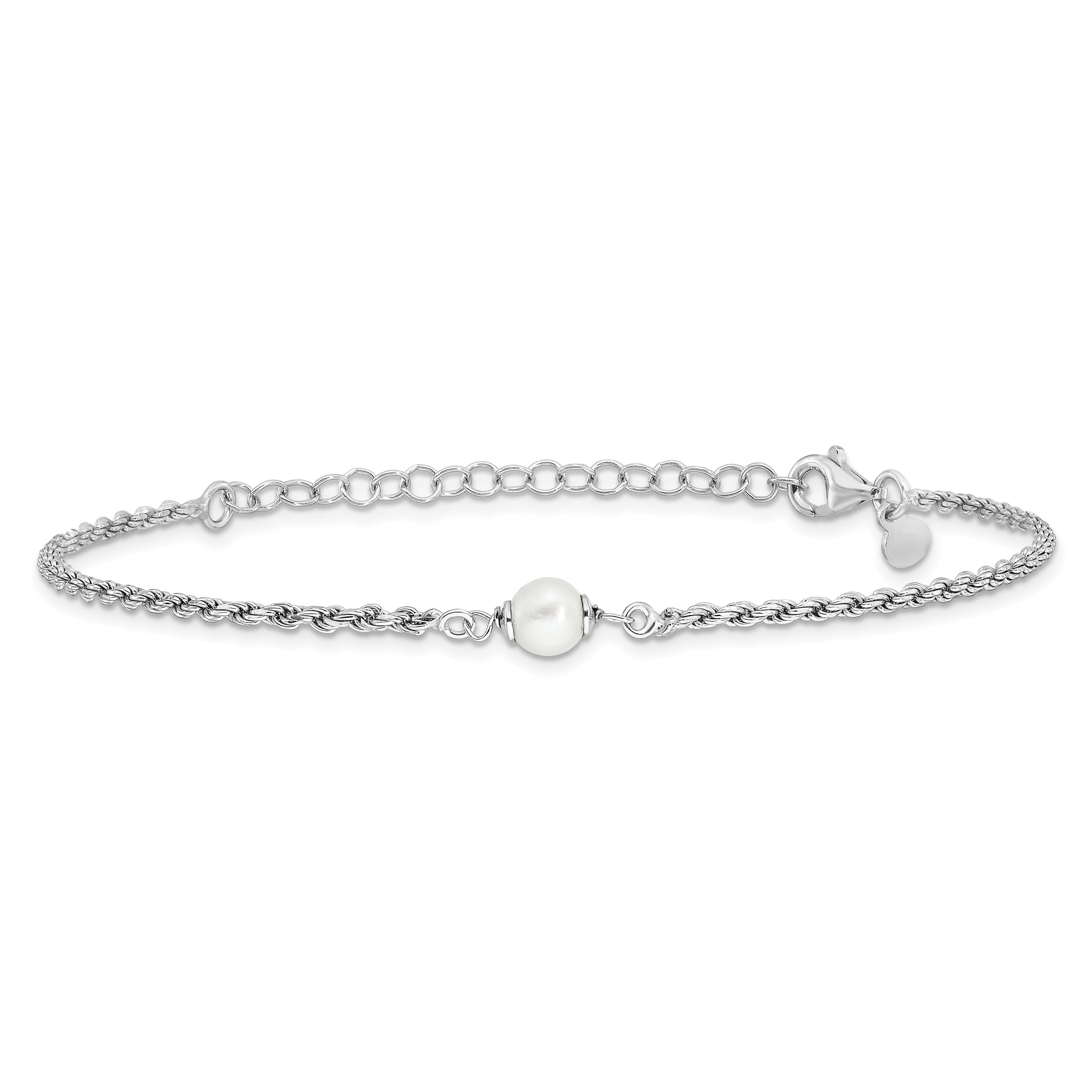 Sterling Silver Rh Plt Polished Fwc Pearl With 2In Ext. Bracelet