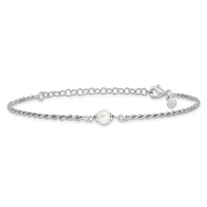 Sterling Silver Rh Plt Polished Fwc Pearl With 2In Ext. Bracelet