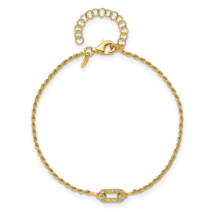 Gold Plated Sterling Silver Polished Cz With 1.5In Ext. Bracelet