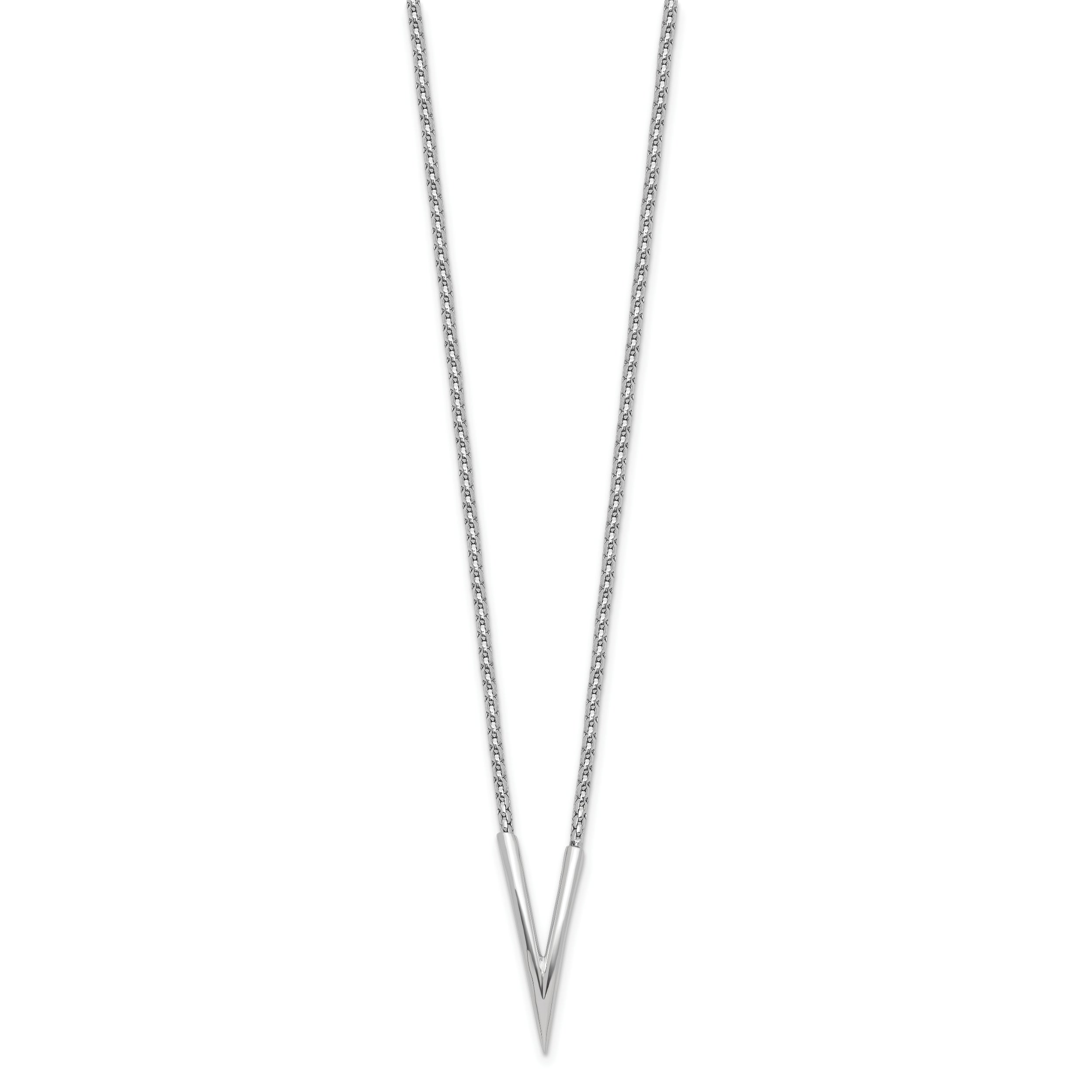 Sterling Silver Rh Plated Polished V With 2In Ext. Necklace