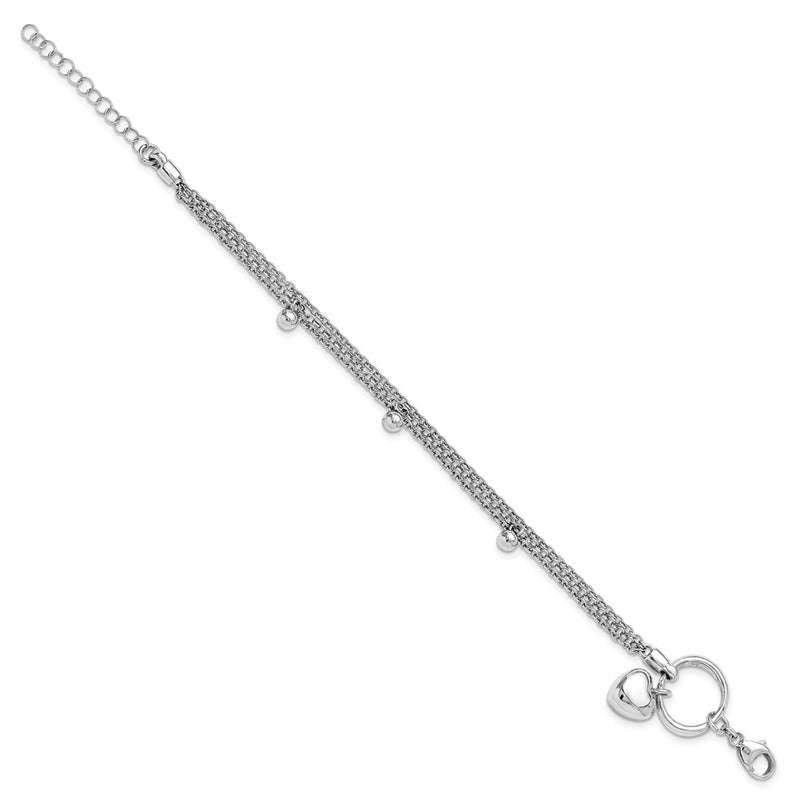 Sterling Silver Rh Plated Heart 3 Strand W/ 1In Ext. Bracelet