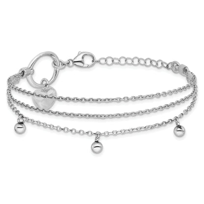 Sterling Silver Rh Plated Heart 3 Strand W/ 1In Ext. Bracelet