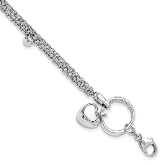 Sterling Silver Rh Plated Heart 3 Strand W/ 1In Ext. Bracelet