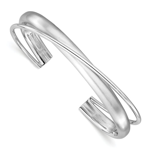 Sterling Silver Rhodium Plt Satin Polished Criss Cross Cuff Bangle