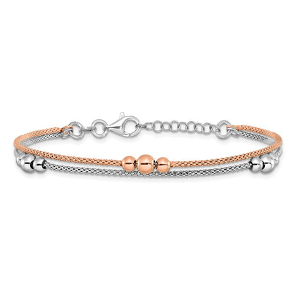 Sterling Silver Rhodium And Rose Tone 1In Ext. Bracelet
