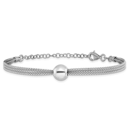 Sterling Silver Rh Plt Polished 3 Strand Bead 2In Ext. Bracelet