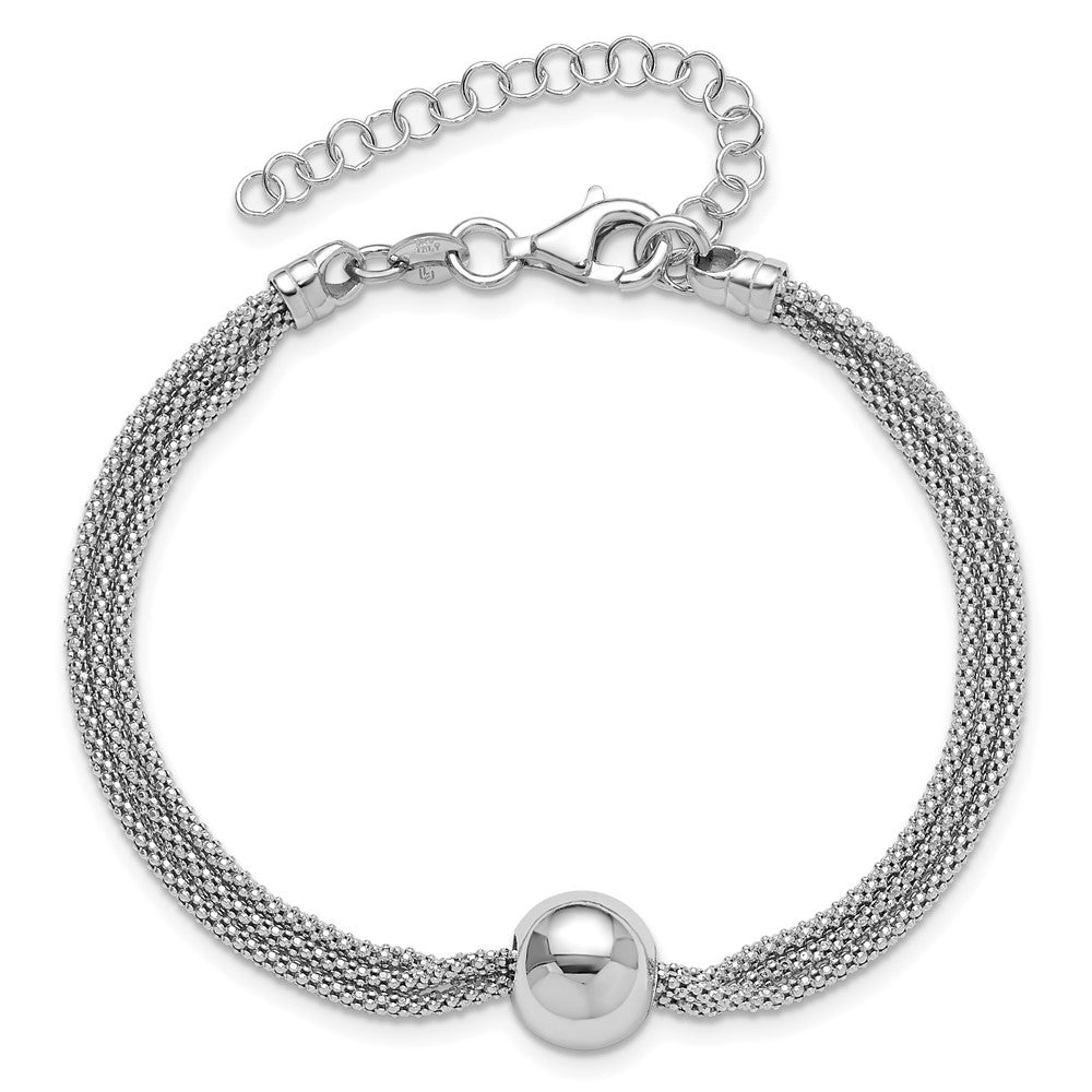 Sterling Silver Rh Plt Polished 3 Strand Bead 2In Ext. Bracelet