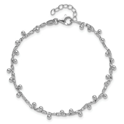 Sterling Silver Rhod Plated Polished Beaded 1In Ext. Bracelet