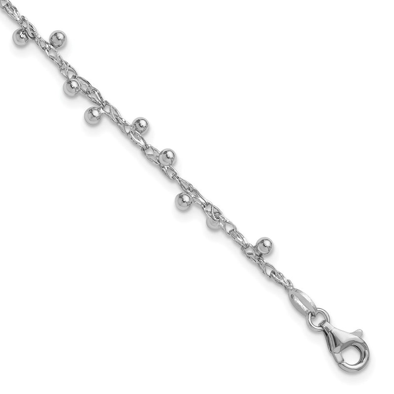 Sterling Silver Rhod Plated Polished Beaded 1In Ext. Bracelet