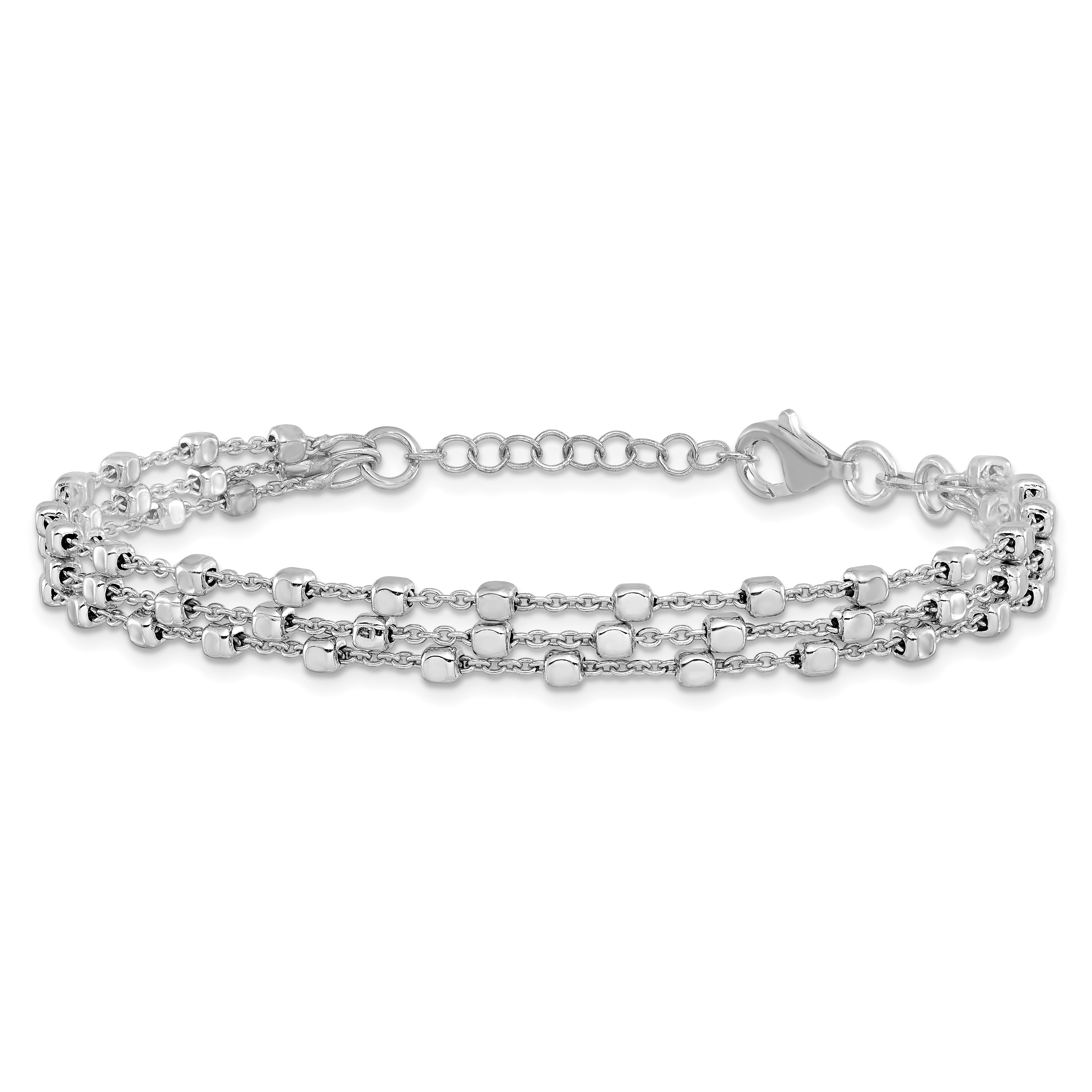 Sterling Silver Rh Plt 3 Strand Beaded 7.5In 1In Ext. Bracelet