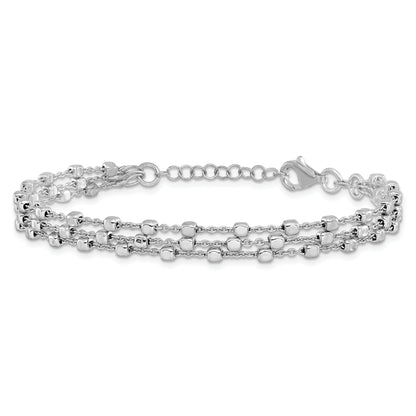 Sterling Silver Rh Plt 3 Strand Beaded 7.5In 1In Ext. Bracelet